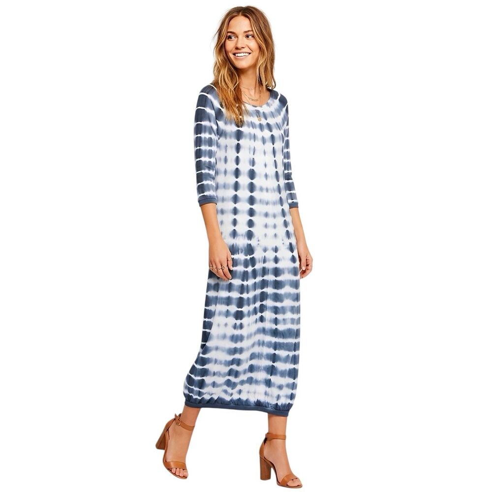 Hard Tail Navy and White Tie-Dye Midi Dress with 3/4 Sleeves
